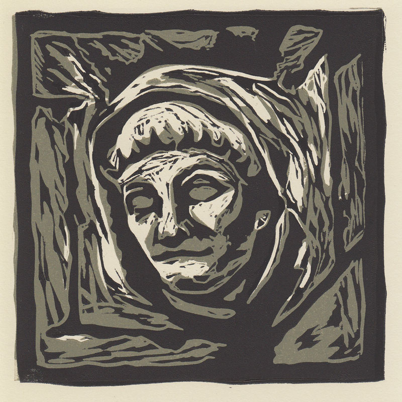 Abbey Gateway Heads (North Side) Linocut of a carved stone headstop