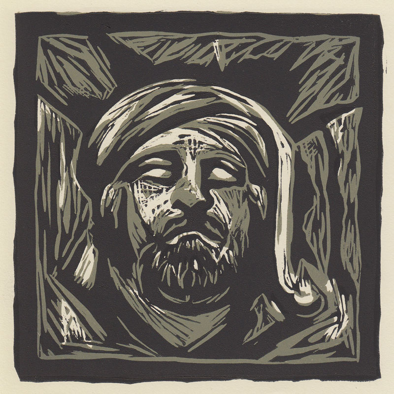 Abbey Gateway Heads (South Side) Linocut of a carved stone headstop