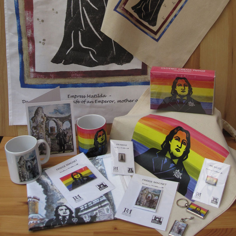 Characters of Reading Abbey Quarter merchandise Selection of mugs, keyrings, tea towels and fridge magnets