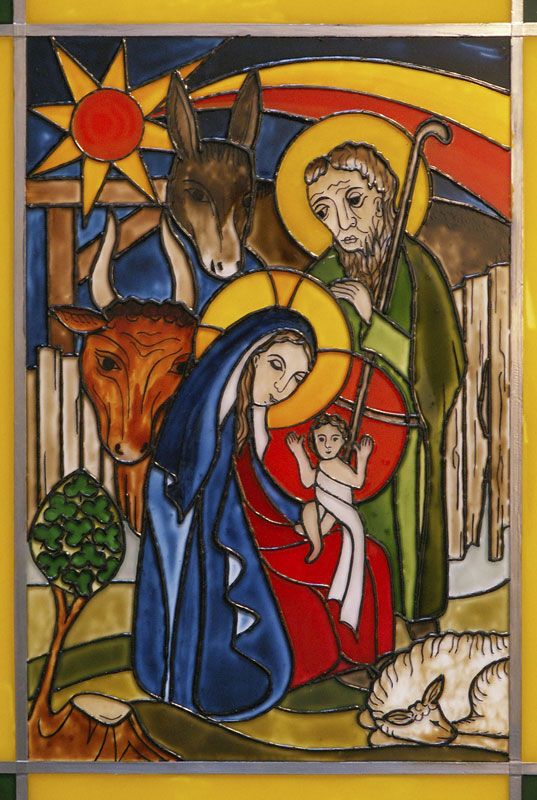 A very recognisable Nativity scene painted on glass