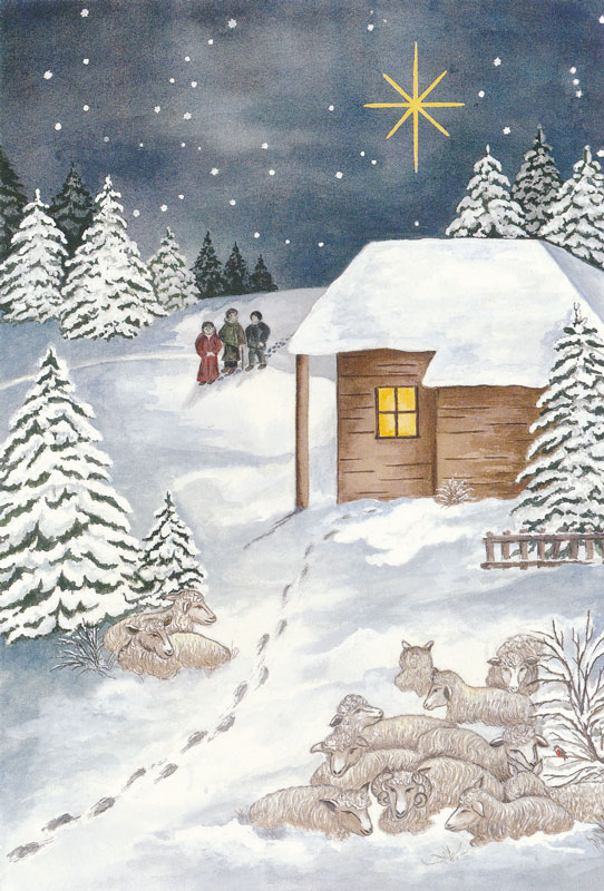 The star in the night sky shows this as a snowy, quiet Christmas scene