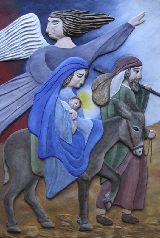 Clay relief image showing the Flight to Egypt and the symbolism of colour