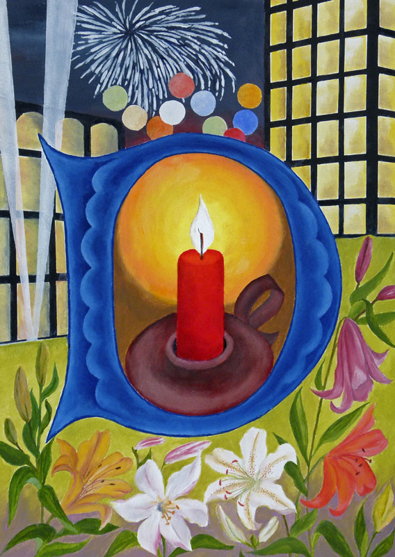 Oil painting, about God is light, of a candle within the letter D