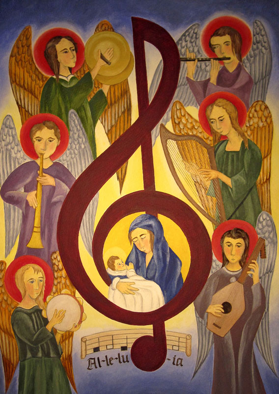 Painting of treble clef with Mary and baby Jesus, and angels playing music