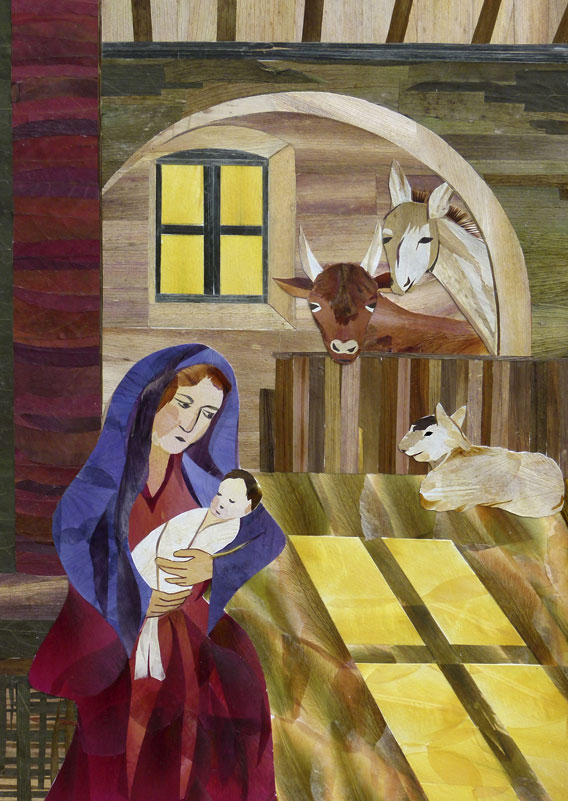 Christmas scene of Mary and Jesus, and animals, and cross-shaped shadow
