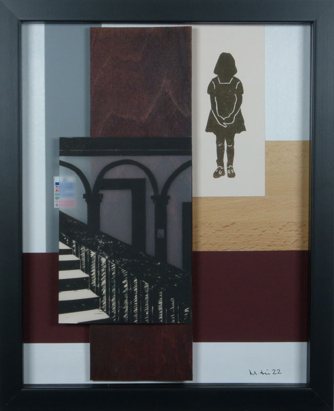 The silhouetted figure of a four-year-old girl, standing face on, surrounded by long rectangular shapes at different angles