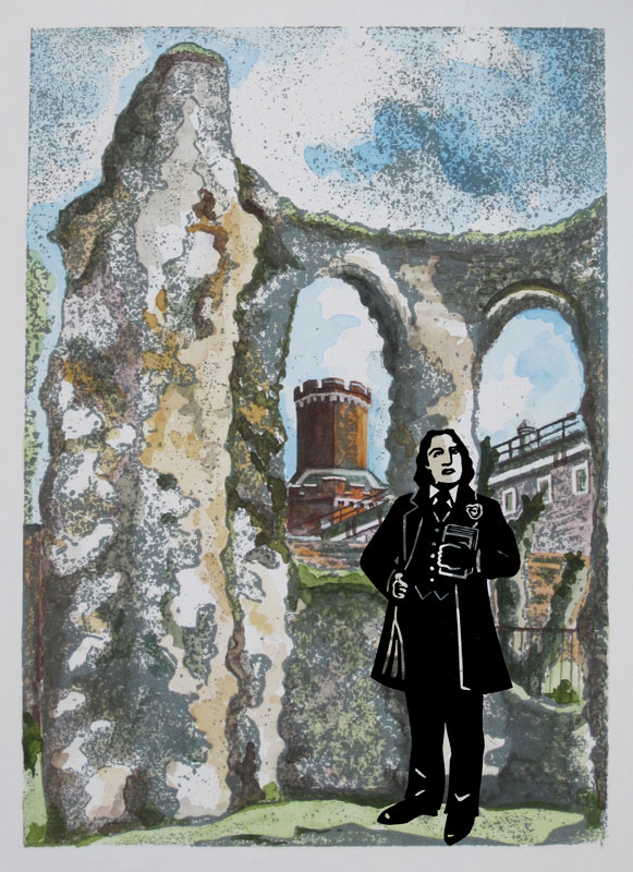 Oscar Wilde standing in the Reading Abbey ruins with his back to the Gaol